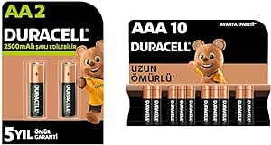 Duracell Şarj Edilebilir AA 2500 mAh Kalem Piller, 2’li + Duracell Alkalin AAA İnce Kalem Piller, 1,5 V LR03/MN2400, 10’lu Paket