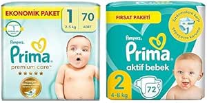 Prima Bebek Bezi Premium Care 1 Beden 70 Adet Yenidoğan Jumbo Paket & Prima Bebek Bezi Aktif Bebek 2 Numara 72 Adet Ekonomik Paket