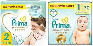 Prima Bebek Bezi Premium Care 2 Beden 60 Adet Mini Jumbo Paket & Prima Bebek Bezi Premium Care 1 Beden 70 Adet Yenidoğan Jumbo Paket