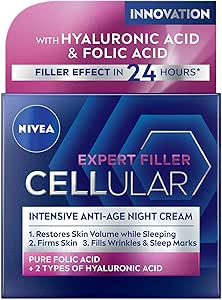 NIVEA Cellular Expert Filler Yoğun Yaşlanma Karşıtı Gece Yüz Bakım Kremi 50 ml, Hyaluronik Asit ve Folik Asit