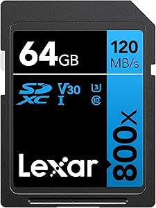 Lexar® 64GB Professional 800x SDXC™ UHS-I cards, up to 120MB/s read 45MB/s write C10 V30 U3