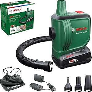 Bosch EasyInflate 18 V-500 hava yatağı için elektrikli hava pompası/hava pompası (1 x 2,0 Ah akü; 18 Volt sistem; şişirmek ve boşaltmak için; kartonda)