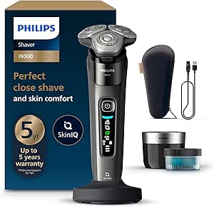 Philips i9000 SkinIQ Islak & Kuru Tıraş Makinesi, 360° Hassas Başlıklar, Yapay Zeka Destekli, Seyahat Çantası ve Temizleme Ünitesi, X9002/30