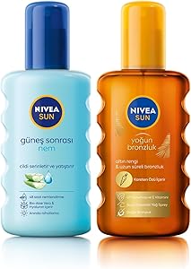 Nivea Sun Güneş Sonrası Nem Spreyi 200 Ml ve NIVEA Sun SPF 6 Yoğun Bronzlaştırıcı Güneş Yağ Sprey, Karoten Özlü, E Vitamini İçerir,Yoğun Bronzluk (200 ml)