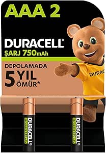 Duracell Şarj Edilebilir AAA İnce Kalem Pil (2’li paket) 750 mAh NiMH, 1000 Sarj Döngüsü, Önceden Sarj Edilmiştir