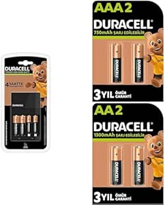 Duracell Cef14 Pil Şarj Cihazı + 2 AA 1300 mAh ve 2 AAA 750 mAh Şarj Edilebilir Kalem Piller (4×1300 AA + 4x750AAA)