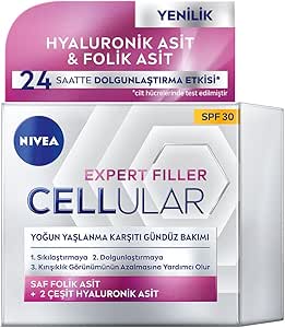 NIVEA Cellular Expert Filler Yoğun Yaşlanma Karşıtı Gündüz Bakım Yüz Kremi 50 ml, Hyaluronik Asit ve Folik Asit, SPF30 Güneş Koruması
