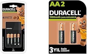 Duracell Cef14 4 Saat Pil Şarj Cihazı, 1 Adet + 2’şer Adet Şarj Edilebilir AA ve AAA Pil (Duracell CEF 14 Şarj Aleti, 1 Adet) + Duracell Şarj Edilebilir AA 1300 mAh Kalem Piller, 2’li