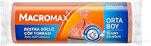 Macromax Ekstra Güçlü Çöp Torbası Orta Boy 55×60 cm, Soft Kokulu 15 Adet Mutfak Poşeti