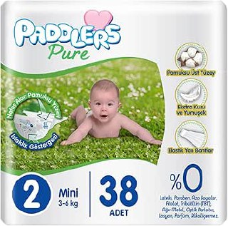 Paddlers Pure Bebek Bezi 2 Numara Mini 38 Adet (3-6 kg) Eko Paket