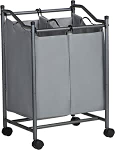 SONGMICS çamaşır ayırıcı, tekerlekli ve 2 bölmeli, çamaşır sepeti, çıkarılabilir çantalı çamaşır arabası, toplam kapasite 90 l, gri, LSF002GS