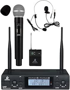 Rennes RM-900EH UHF 2×100 Kanal Çiftli Kablosuz EL Yaka Headset Mikrofonu Çift Anten LCD Ekran