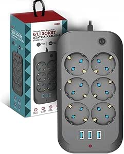 Hoala Hoala Termal Akım Korumalı, 6’Lı Priz Soketi, 3x USB Girişli Çocuk Korumalı Uzatma Kablosu (2mt kablo)