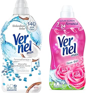 Vernel Max Konsantre Çamaşır Yumuşatıcısı 2 X 1440ml (120 Yıkama) Taze Gül + Hindistan Cevizi