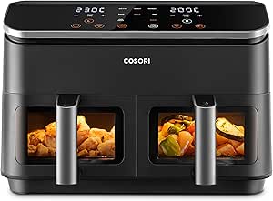 COSORI Airfryer 8-in-1 Çift Bölgeli Hava Fritözü XXL 8.5 L, Görünür Pencereye Sahip İki Yapışmaz Çekmece, Enerji Tasarrufu, 35℃ – 230℃