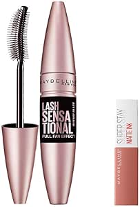 Maybelline New York Lash Sensational Yelpaze Etkili Intense Black Maskara – Ekstra Siyah 9.5 ml & Mini Super Stay Matte Ink Likit Mat Ruj 65 Seductress Makyaj Seti