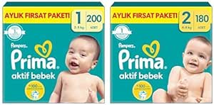 Prima Aktif Bebek, Bebek Bezi 1 Numara, 200 Adet Aylık Fırsat Paketi ve Prima Aktif Bebek, Bebek Bezi 2 Numara, 180 Adet Aylık Fırsat Paketi