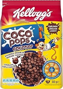 Kellogg’s Coco Pops Çokotop Çikolata Kaplı Tahıl ve Buğday Gevreği 360 Gr,Lif,Demir ve 6Vitamin Kaynağı,%100 Pancar Şekeri,D vitamini,Kalsiyum,Folik Asit ve Demir içerir,En Az %40 Kakao içerir