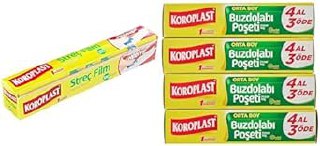 Koroplast Pratik Kesme Bıçağı Hediyeli 100 mt Streç Film ve Koroplast Orta Boy 120’li 4 Al 3 Öde Buzdolabı Poşeti (4 x 30)