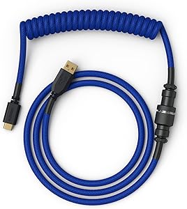 Glorious PC Gaming Race Coiled Cable Cobalt, USB-C – USB-A spiral kablo, USB C kablo spiral kablo, sarmal kablo klavye, Aviator Plug, 1,37 metre, düzenli USB C spiral kablo, mavi