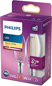 Philips LED Classic 40W B35 Led Mum Filament Ampul, 2700K Sarı Işık, E14 İnce Duy, Dim Edilmez, 2’li Ekopaket