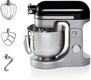 Ariete Moderna Mutfak Şefi Siyah Gri 1589/02 – Döküm Gövde, Planet Mikser Yoğurma Makinesi, 1600 Watt, 11 hız, 5,5 Lt Paslanmaz Çelik Hazne, Sıçrama Önleyici Kapak, 3 Hazne Aparat