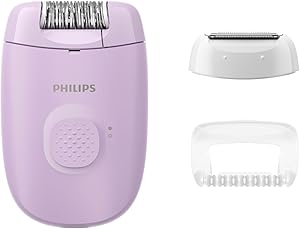 Philips Epilasyon Cihazı, Taşınabilir Kompakt Tasarım, Hassas Bölge ve Masaj Başlığı, Yıkanabilir, 4 Haftaya Kadar Pürüzsüzlük, Lila Renk, BRE237/05