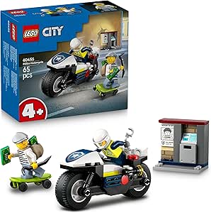 LEGO City Polis Motosikleti Takibi 60455-4 Yaş Üzeri Kız ve Erkek Çocuklar için Polis Motosikleti Oyuncağı, Hırsız Kaçış Kaykayı ve Mini Açılabilir ATM İçeren Yaratıcı Oyuncak Yapım Seti (65 Parça)