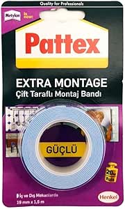 Pattex Çift Taraflı Bant, Kalıcı Uygulamalar için Ekstra Güçlü Bant, İç ve Dış Mekanlarda Rahatlıkla Kullanılabilen Yapışkan Bant, 19mmx1,5m