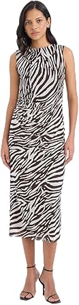DeFacto Bodycon Vücudu Saran Yarım Balıkçı Yaka Zebra Desenli Tül Kolsuz Midi Elbise