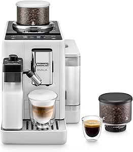 De’Longhi Rivelia EXAM440.55.W, Tam Otomatik LatteCrema Kahve Makinesi, Otomatik Süt Köpürtücü, Kompakt Boyut, Fasulyeden Bardağa Kahve Makinesi, 16 Tarif Renkli Dokunmatik Ekran, Kutup Beyazı