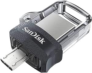 SanDisk 256GB Ultra Çift Sürücü m3.0 USB 3.0 Flash Sürücü, Tersinir Mikro USB ve USB Type-A Konnektörleri ile, Android Akıllı Telefonlar, Tabletler ve Bilgisayarlar için, Siyah-Gümüş-Şeffaf