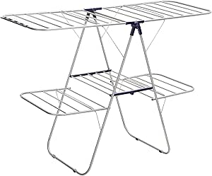 SONGMICS 2 Katlı Paslanmaz Çelik Çamaşır Kurutma Askısı, Yüksekliği Ayarlanabilir Kanatlı, Ayaklı, Katlanabilir, Mavi LLR53BU, 156 x 61 x 113 cm