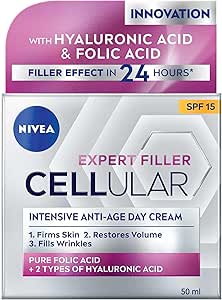 NIVEA Cellular Expert Filler Yoğun Yaşlanma Karşıtı Gündüz Bakım Yüz Kremi 50 ml, Hyaluronik Asit ve Folik Asit, SPF15 Gün…