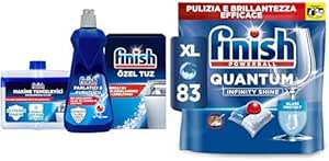 Finish Temizlik ve Bakım Seti (Parlatıcı 400 ml + Makine Temizleyici Sıvı 250 ml + Tuz 500 g) ve Finish Quantum Infinity Shine 83 Kapsül Bulaşık Makinesi Deterjanı Tableti (1 x 83 Kapsül)