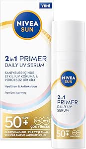 NIVEA SUN SPF50 Nemlendirici Primer Serum 30ml, Makyaj Bazı, Hyaluron, Antioksidan, Yüksek Güneş Koruyucu