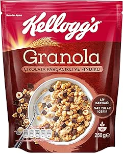 Kellogg’s Granola Çikolata Parçacıklı ve Fındıklı 250 Gr,%45 Yulaf içerir,Lif Kaynağı, Belçika Çikolata Parçaları,Antioksidan içerir,Kahvaltılık Gevrek,Müsli