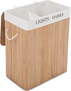 SONGMICS Bambu Çamaşır Sepeti, 100 L Çamaşır Ayırıcı, 2 Bölmeli, Çıkarılabilir Çamaşır Torbalı Katlanabilir Çamaşır Sepeti, Dikdörtgen Çamaşır Kutusu, 52 X 63 X 32 Cm, Doğal Renk, Lcb64Y