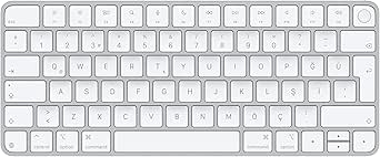 Apple Touch ID özellikli Magic Keyboard: Bluetooth, şarj edilebilir. Apple çipe sahip Mac bilgisayarlarla çalışır; Türkçe Q Klavye, Beyaz Tuşlar (USB-C)