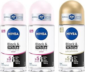 NIVEA Kadın Roll On Deodorant Black & White Invisible Clear 48 Saat Koruma (50 ml) X2 + NIVEA Kadın Roll On Deodorant Black&White Invisible İpeksi Pürüzsüzlük 48 Saat Anti-perspirant Koruma 50ml