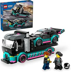 LEGO City Yarış Arabası ve Araba Taşıyıcı Kamyon 60406-6 Yaş ve Üstü Kız ve Erkek Çocuklar için Ayarlanabilir Yükleme Rampası, Yarışçı ve Sürücü Figürleri İçeren Yapım Seti, Hediye Fikri (328 Parça)