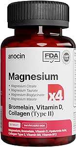 anocin MAGNEZYUM X4 COMPLEX CİTRATE, TAURATE, BİSGLYCİNATE, MALATE + BROMELAİN + KOLAJEN+ H.ASİT+D+B12+B6 30 tablet