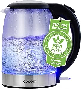 Cosori Cam Su Isıtıcısı, Geliştirilmiş Paslanmaz Çelik Filtre Ve Iç Kapak, Bpa Içermez, 1,7 Litre, Mavi Led’Li, Kuru Çalışma Koruması, 2200 Watt, Hızlı Isıtma’