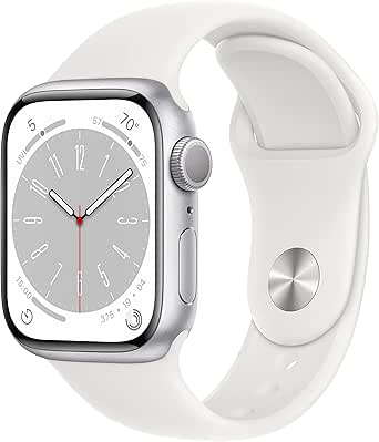 Apple Watch Series 8 [GPS 41 mm] Akıllı Saat, Gümüş Rengi Alüminyum Kasa ve Beyaz Spor Kordon. Fitness Takibi, Kanda Oksijen ve EKG Uygulamaları, Hep Açık Retina Ekran