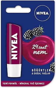 NIVEA Böğürtlen Dudak Bakım Kremi, 24 Saat Nem, Hafif Bordo Işıltı, Doğal Yağlar ile Gün Boyu Dudak Bakımı, Böğürtlen Kokusu, 4.8 gr