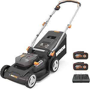 WORX WG737E Nitro akülü çim biçme makinesi 40 V (2 x 20 V) – güçlü fırçasız motor – 37 cm kesme genişliği – 6 kesme yüksekliği kademesi (20 – 70 mm) – 40 l çim toplama torbası – 2 x 4 Ah akü ve çift