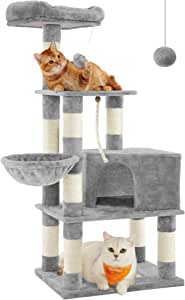 Feandrea Tırmalama ağacı, büyük, 138 cm yüksekliğinde, kedi ağacı, tırmalama tahtası ve 9 tırmalama direği, platform, mağara, pelüş top, çok kademeli, açık gri PCT60W