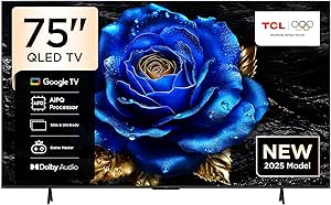 TCL 75 inç Akıllı TV 4K QLED Renkli Quantum Crystal HDR10+ Oyun Google TV, Dolby Vision Atmos, DTS Virtual X, MEMC, Sesli Kontrol, Game Master ve İnce Tasarım-75T6C (2025 Modeli)