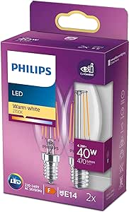 Philips LED Classic 40W B35 Led Mum Filament Ampul, 2700K Sarı Işık, E14 İnce Duy, Dim Edilmez, 2’li Ekopaket