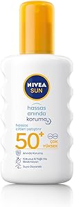 NIVEA SUN SPF50 Anında Güneş Koruyucu Sprey 200ml, Hassas Ciltler İçin Yatıştırıcı, UVA UVB Koruması